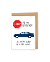 Load image into Gallery viewer, 16th birthday card, 16th birthday new driver birthday card, licensed driver birthday card, funny birthday card, cute birthday card, custom birthday card, custom greeting card, birthday card for son, birthday card to daughter, birthday card for teenager, birthday card for 16 year old, free shipping
