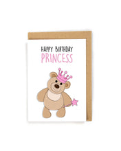 Load image into Gallery viewer, Teddy bear princess birthday card, princess birthday card, Cute teddy bear princess with tiara and wand birthday card for kids, girl birthday card, birthday card for girl, birthday card for kids, cute birthday card, princess birthday card, birthday card for daughter, birthday card for granddaughter, one year old birthday card, toddler birthday card, custom birthday card, custom princess birthday card, custom greeting card, free shipping