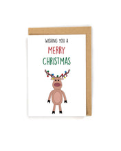 Load image into Gallery viewer, merry christmas card, holiday card, reindeer christmas card, reindeer holiday card, funny christmas card, cute christmas card, Christmas card for friends, Christmas cards for family, merry Christmas reindeer christmas card, wishing you a merry christmas card, Christmas greeting card, reindeer greeting card, christmas card, merry christmas card, holiday greeting card, holiday card, custom card, free shipping