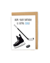Load image into Gallery viewer, hockey birthday card, sport birthday card, birthday card for hockey player, birthday card for hockey lover, birthday card for hockey coach, kid birthday card, birthday card for kid, birthday card for son, boy birthday card, birthday card for him, birthday card for her, birthday card for boyfriend, birthday card for son, birthday card for athlete, birthday card for sports player, hockey greeting card, pun birthday card, funny birthday card, cute birthday card, happy birthday card, birthday card