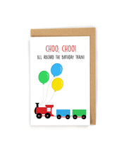 Load image into Gallery viewer, train birthday card, birthday card for kids, kid birthday card, Choo Choo train birthday card, boy birthday card, birthday card for boy, train birthday party card, all aboard the birthday train card, birthday card for toddler, birthday card for son, birthday card for grandson, birthday card for nephew, custom birthday card, custom train birthday card, custom greeting card, free shipping, train lover birthday card
